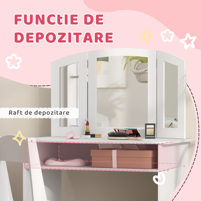  Set de Machiaj pentru Fetite de 3-6 ani cu Oglinda Tripla Detasabila si Scaun din Lemn, 80x49x108 cm, Alb [6]