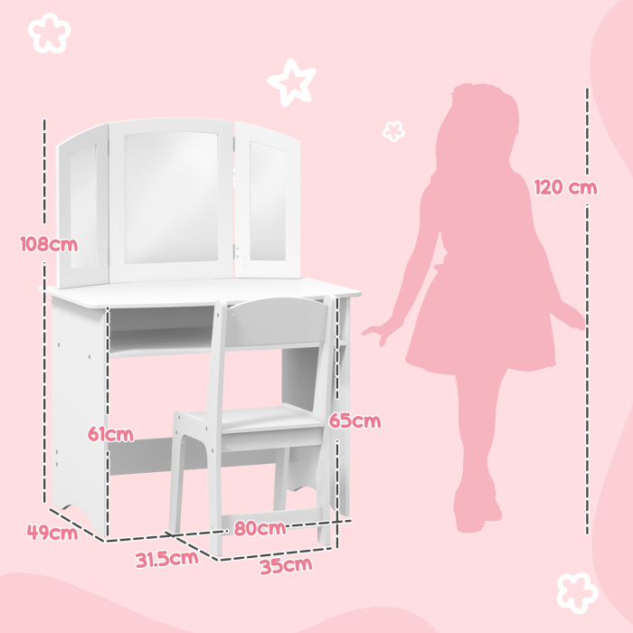  Set de Machiaj pentru Fetite de 3-6 ani cu Oglinda Tripla Detasabila si Scaun din Lemn, 80x49x108 cm, Alb [3]