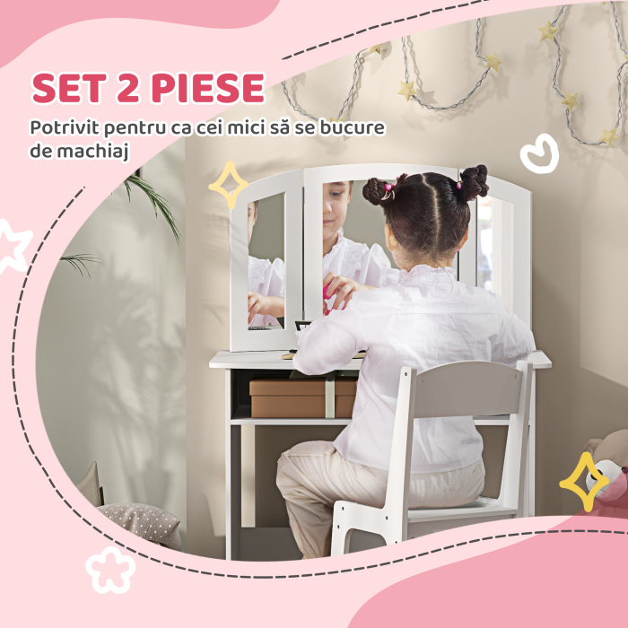  Set de Machiaj pentru Fetite de 3-6 ani cu Oglinda Tripla Detasabila si Scaun din Lemn, 80x49x108 cm, Alb [4]
