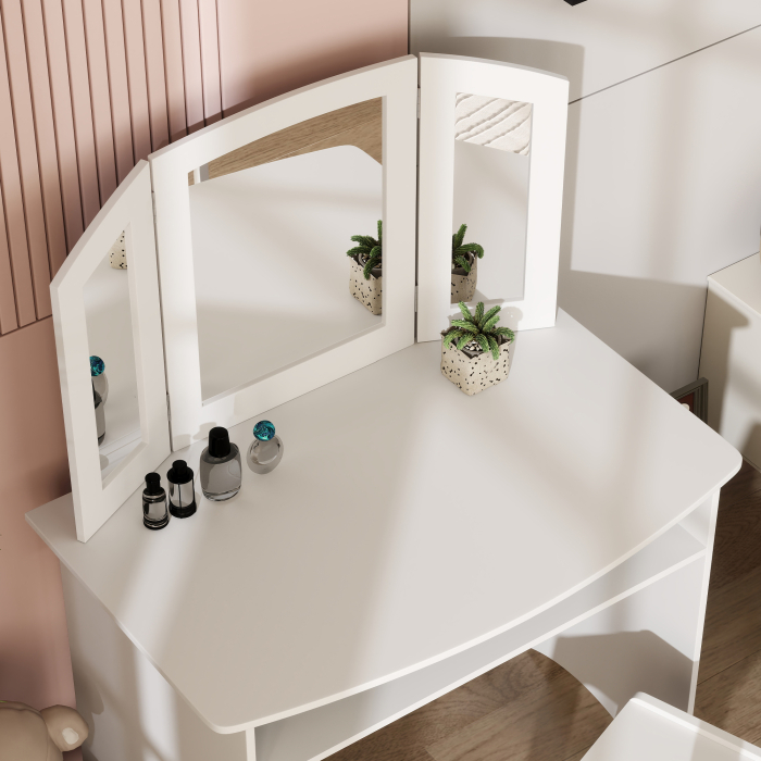  Set de Machiaj pentru Fetite de 3-6 ani cu Oglinda Tripla Detasabila si Scaun din Lemn, 80x49x108 cm, Alb [9]