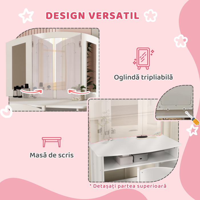  Set de Machiaj pentru Fetite de 3-6 ani cu Oglinda Tripla Detasabila si Scaun din Lemn, 80x49x108 cm, Alb [5]