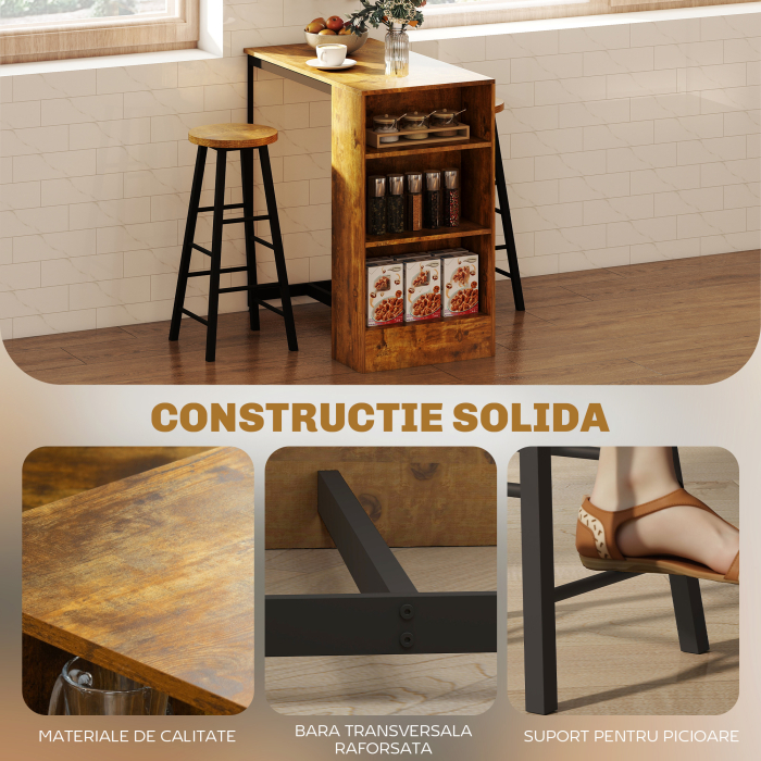  Set de masa cu bar cu 3 rafturi si 2 scaune inalte cu suport pentru picioare, stil industrial, maro [5]