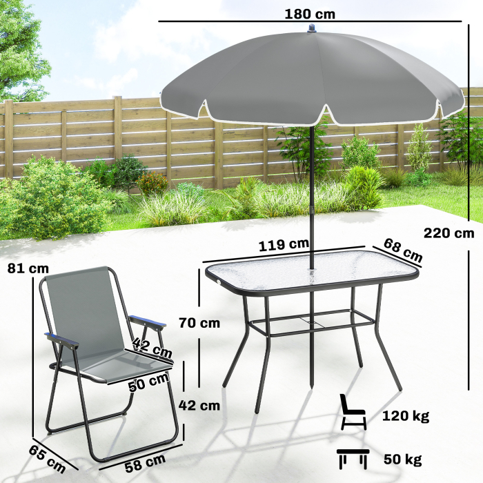  Set de Masa de Gradina 8 Piese cu Umbrela, Set Mobilier Gradina cu 6 Scaune Pliabile, Masa din Sticla Temperata si Umbrela pentru Terasa, Gri [3]