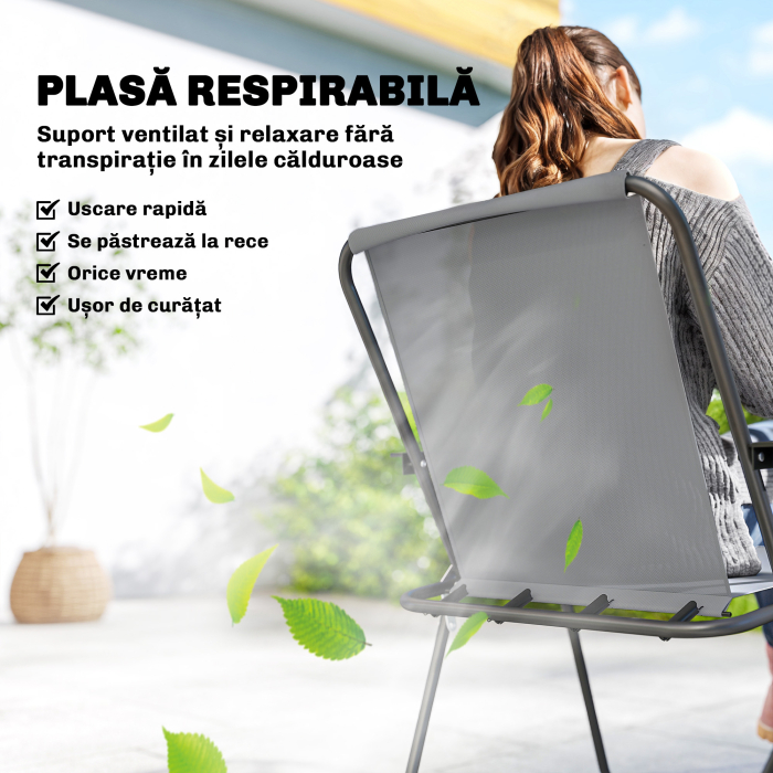  Set de Masa de Gradina 8 Piese cu Umbrela, Set Mobilier Gradina cu 6 Scaune Pliabile, Masa din Sticla Temperata si Umbrela pentru Terasa, Gri [5]