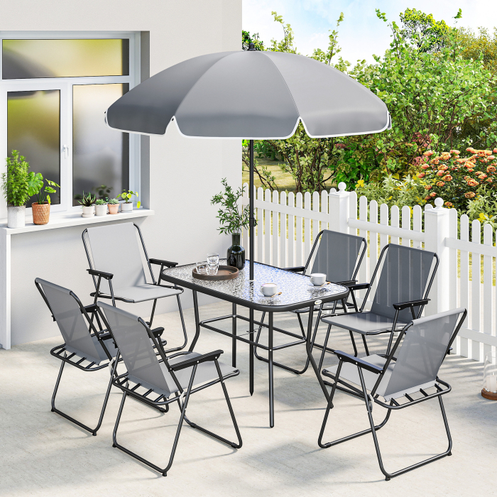  Set de Masa de Gradina 8 Piese cu Umbrela, Set Mobilier Gradina cu 6 Scaune Pliabile, Masa din Sticla Temperata si Umbrela pentru Terasa, Gri [2]