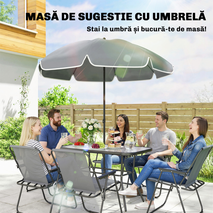  Set de Masa de Gradina 8 Piese cu Umbrela, Set Mobilier Gradina cu 6 Scaune Pliabile, Masa din Sticla Temperata si Umbrela pentru Terasa, Gri [6]