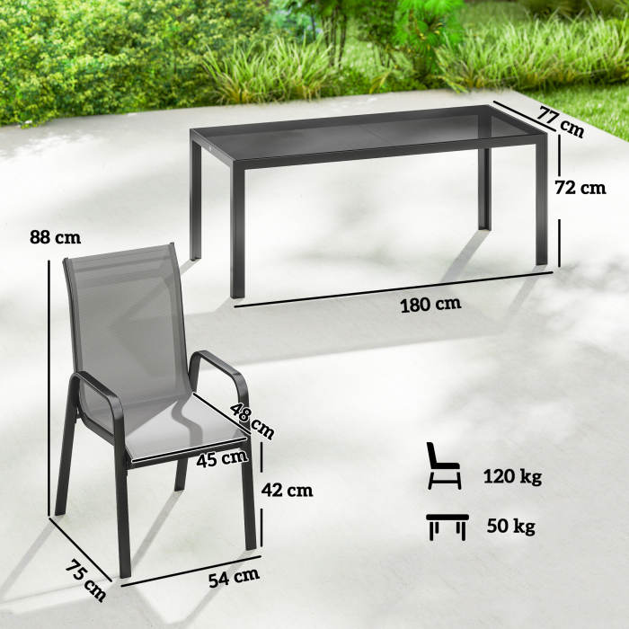  Set de Masa de Gradina 9 Piese, Masa si Scaune pentru 8 Persoane, Set Exterior cu Blat din Sticla Temperata, Gri [3]