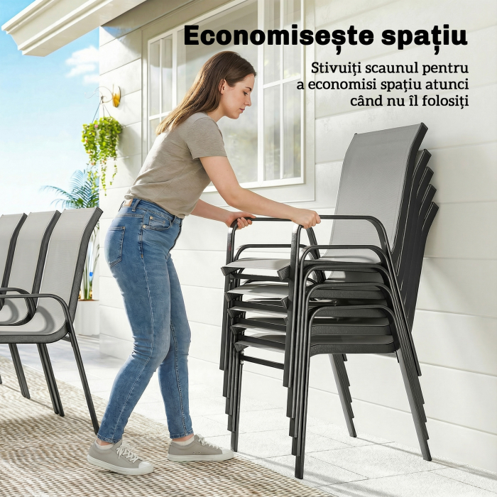  Set de Masa de Gradina 9 Piese, Masa si Scaune pentru 8 Persoane, Set Exterior cu Blat din Sticla Temperata, Gri [4]