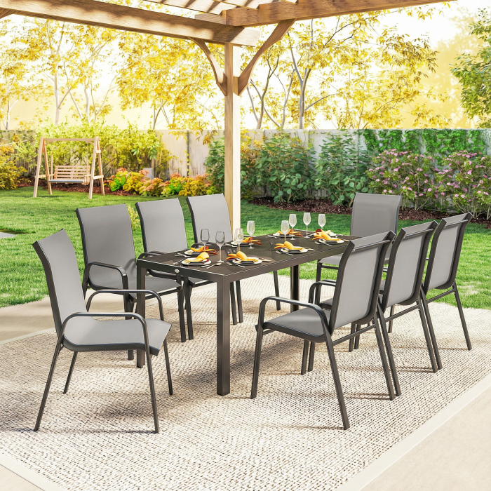  Set de Masa de Gradina 9 Piese, Masa si Scaune pentru 8 Persoane, Set Exterior cu Blat din Sticla Temperata, Gri [7]