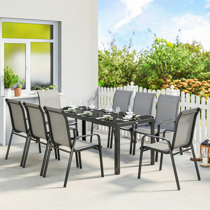  Set de Masa de Gradina 9 Piese, Masa si Scaune pentru 8 Persoane, Set Exterior cu Blat din Sticla Temperata, Gri [2]