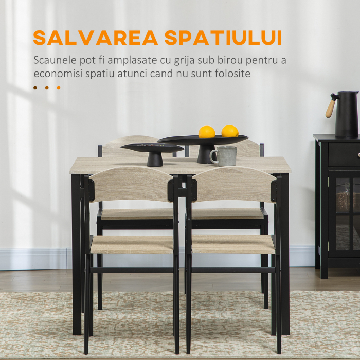  Set de masa din 5 Piese cu 1 masa dreptunghiulara 100x63x76.5 cm si 4 Scaune 45x40x82 cm, din otel si MDF, Negru si lemn natural [4]