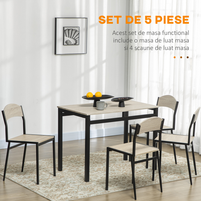  Set de masa din 5 Piese cu 1 masa dreptunghiulara 100x63x76.5 cm si 4 Scaune 45x40x82 cm, din otel si MDF, Negru si lemn natural [5]