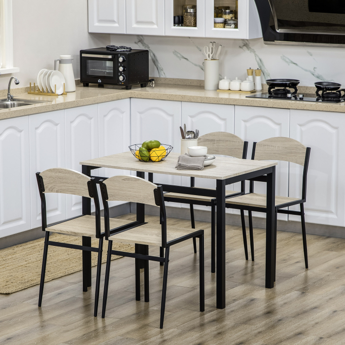  Set de masa din 5 Piese cu 1 masa dreptunghiulara 100x63x76.5 cm si 4 Scaune 45x40x82 cm, din otel si MDF, Negru si lemn natural [2]