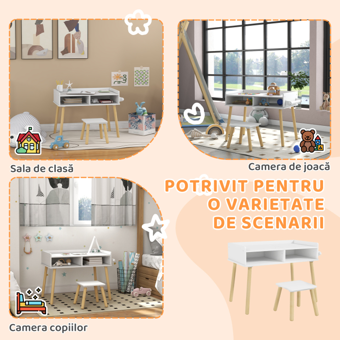  Set de Masa si Scaun pentru Copii, Masa de Activitati pentru Copii Mici 3 in 1 cu Tabla de Constructie, 87x45x59.5 cm, Alb [7]
