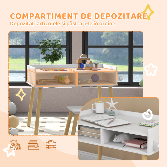  Set de Masa si Scaun pentru Copii, Masa de Activitati pentru Copii Mici 3 in 1 cu Tabla de Constructie, 87x45x59.5 cm, Alb [5]