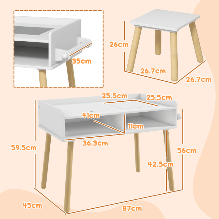  Set de Masa si Scaun pentru Copii, Masa de Activitati pentru Copii Mici 3 in 1 cu Tabla de Constructie, 87x45x59.5 cm, Alb [3]
