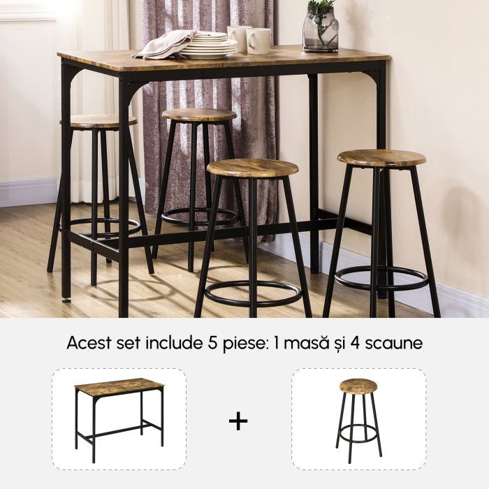  Set de masa si scaune de bar 5 piese, Masa industriala cu economie de spatiu si 4 scaune rotunde de bar cu cadru metalic pentru bar, sufragerie, Maro rustic [4]