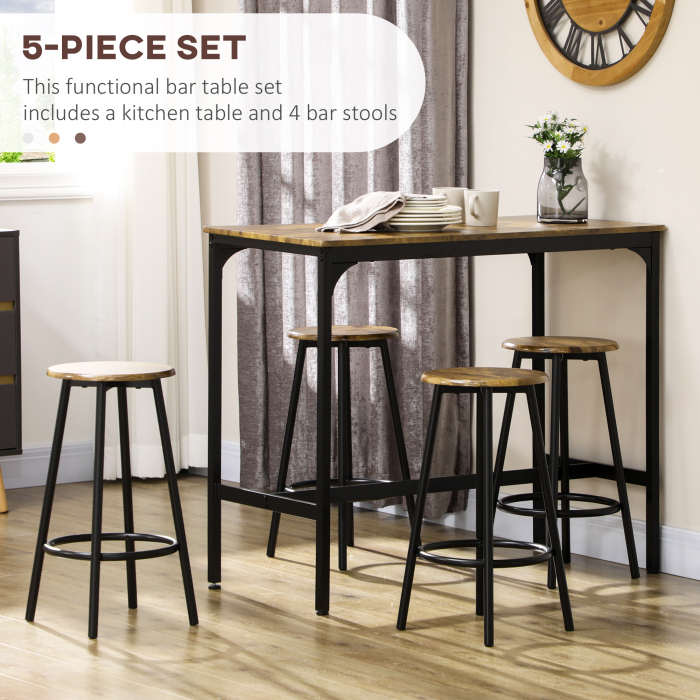  Set de masa si scaune de bar 5 piese, Masa industriala cu economie de spatiu si 4 scaune rotunde de bar cu cadru metalic pentru bar, sufragerie, Maro rustic [6]
