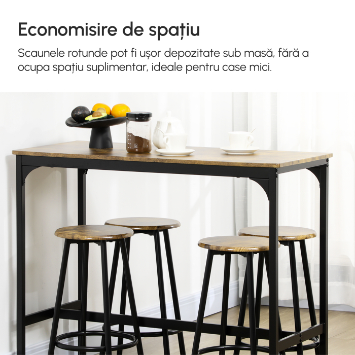  Set de masa si scaune de bar 5 piese, Masa industriala cu economie de spatiu si 4 scaune rotunde de bar cu cadru metalic pentru bar, sufragerie, Maro rustic [5]
