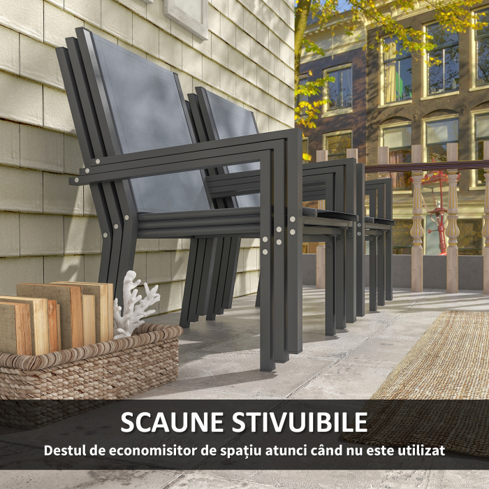  Set de Mobilier de Gradina cu 7 Piese, Masa si 6 Scaune Stivuibile, Mobilier din Otel Textilen, Gri Deschis [4]