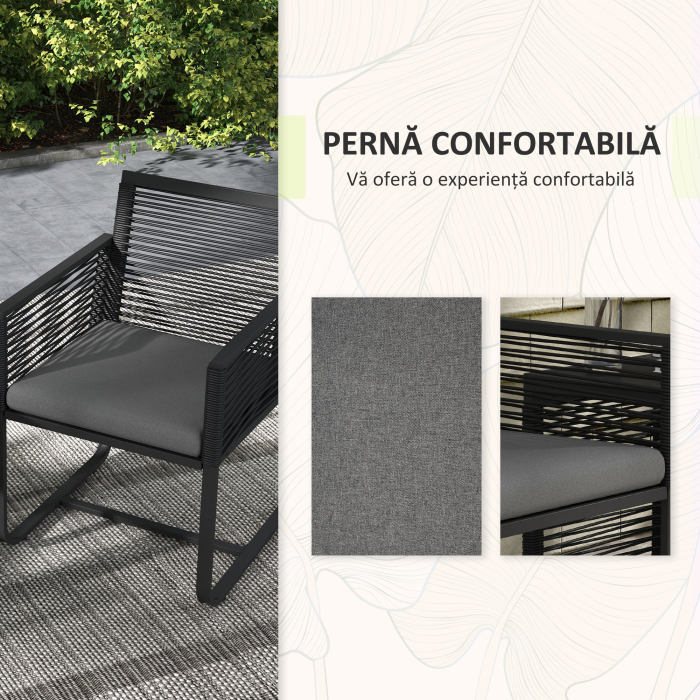  Set de Mobilier de Gradina din 3 Piese din Ratan, Set cu Masa din Sticla Securizata si Perne Moi, 53x57x77 cm, Negru [5]