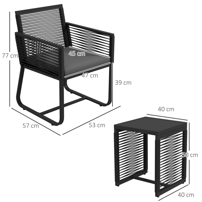 Set de Mobilier de Gradina din 3 Piese din Ratan, Set cu Masa din Sticla Securizata si Perne Moi, 53x57x77 cm, Negru [3]