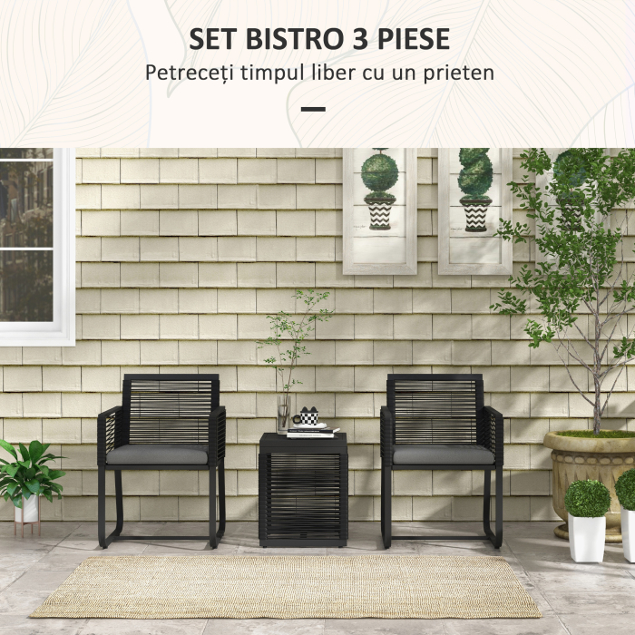  Set de Mobilier de Gradina din 3 Piese din Ratan, Set cu Masa din Sticla Securizata si Perne Moi, 53x57x77 cm, Negru [4]