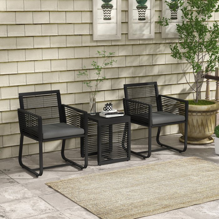  Set de Mobilier de Gradina din 3 Piese din Ratan, Set cu Masa din Sticla Securizata si Perne Moi, 53x57x77 cm, Negru [2]