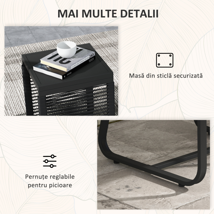  Set de Mobilier de Gradina din 3 Piese din Ratan, Set cu Masa din Sticla Securizata si Perne Moi, 53x57x77 cm, Negru [7]
