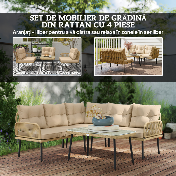  Set de Mobilier de Gradina din 4 Piese cu 2 Canapele,  Fotoliu de Colt si Masuta de Cafea, 100x68x74 cm, Bej [4]
