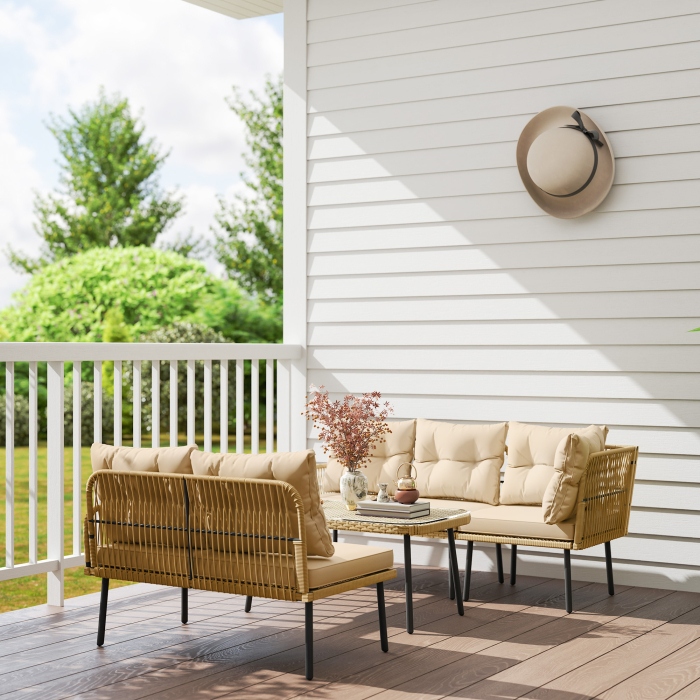  Set de Mobilier de Gradina din 4 Piese cu 2 Canapele,  Fotoliu de Colt si Masuta de Cafea, 100x68x74 cm, Bej [9]