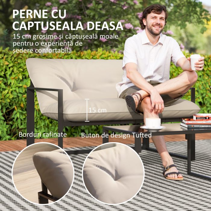  Set de Mobilier de Gradina din 4 Piese cu Canapea, 2 Fotolii si Masuta, din Otel, Poliester si Bumbac PP, Bej si Gri [4]