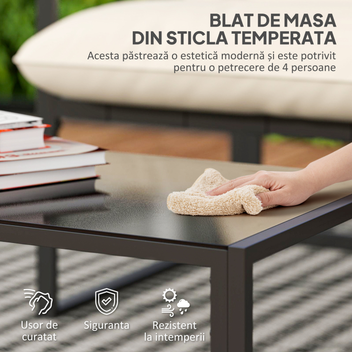  Set de Mobilier de Gradina din 4 Piese cu Canapea, 2 Fotolii si Masuta, din Otel, Poliester si Bumbac PP, Bej si Gri [5]