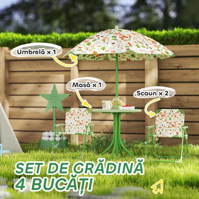  Set de Mobilier de Gradina din 4 Piese cu Masa, Scaune si Umbrela de Soare Reglabila, 50xΦ49,5 cm, Verde [4]