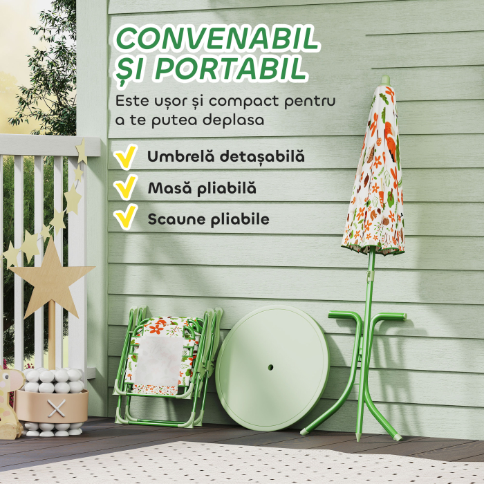  Set de Mobilier de Gradina din 4 Piese cu Masa, Scaune si Umbrela de Soare Reglabila, 50xΦ49,5 cm, Verde [6]