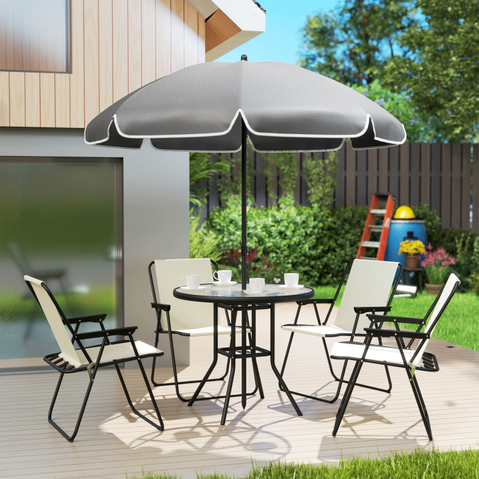  Set de Mobilier de Gradina din 6 Piese cu Umbrela de Soare,  Masa si Scaune Pliante, Ф80x70 cm, Alb Crem [9]