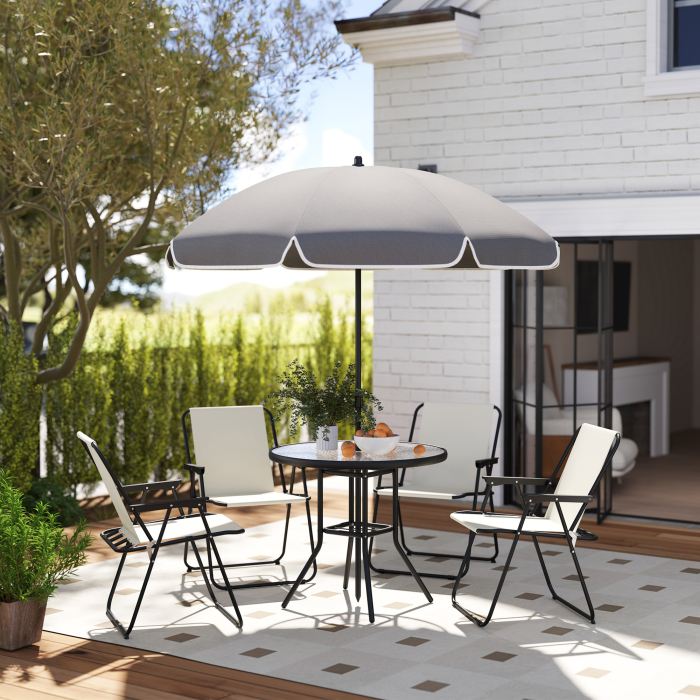  Set de Mobilier de Gradina din 6 Piese cu Umbrela de Soare,  Masa si Scaune Pliante, Ф80x70 cm, Alb Crem [2]