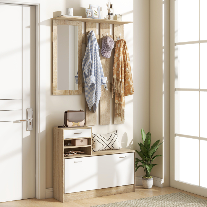  Set de Mobilier pentru Hol cu Raft pentru Pantofi, Oglinda si 2 rafturi Reglabile, 90x24x177 cm, Lemn Natural [2]