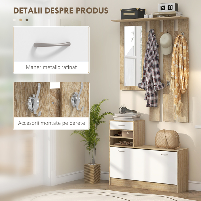  Set de Mobilier pentru Hol cu Raft pentru Pantofi, Oglinda si 2 rafturi Reglabile, 90x24x177 cm, Lemn Natural [5]