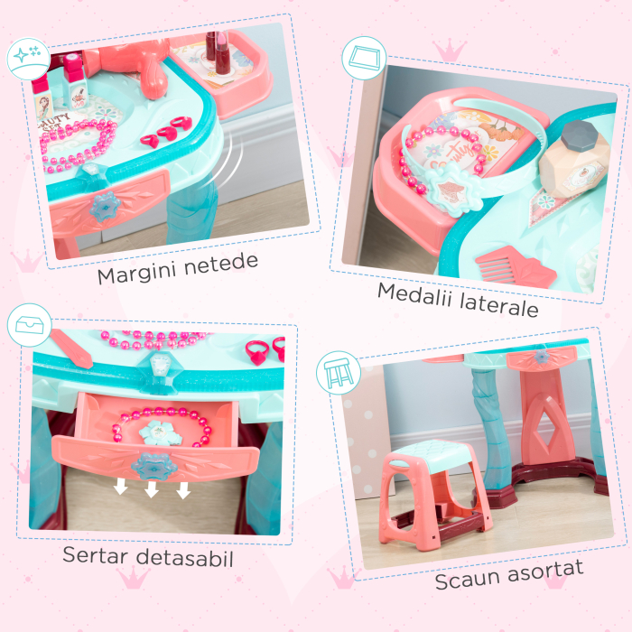  Set de oglinda si masa cu design printesa magica, jucarie muzicala, set de frumusete, pentru 3-6 ani, albastru roz [6]