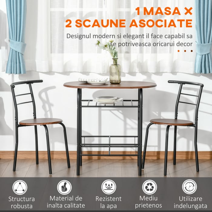  Set de Pranz 3 Piese Masa cu 2 Scaune Maro Lemn si Negru [5]