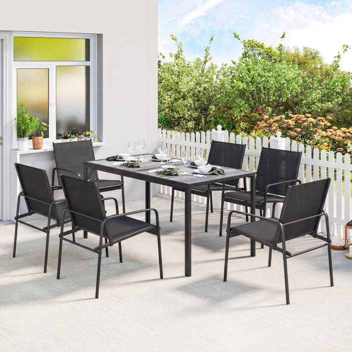  Set de Pranz pentru Exterior, 7 Piese pentru 6 Persoane, Masa cu Efect de Lemn si Scaune cu sezut Respirabil, Set Mobilier de Gradina cu Cadru din Otel Galvanizat, Negru [2]