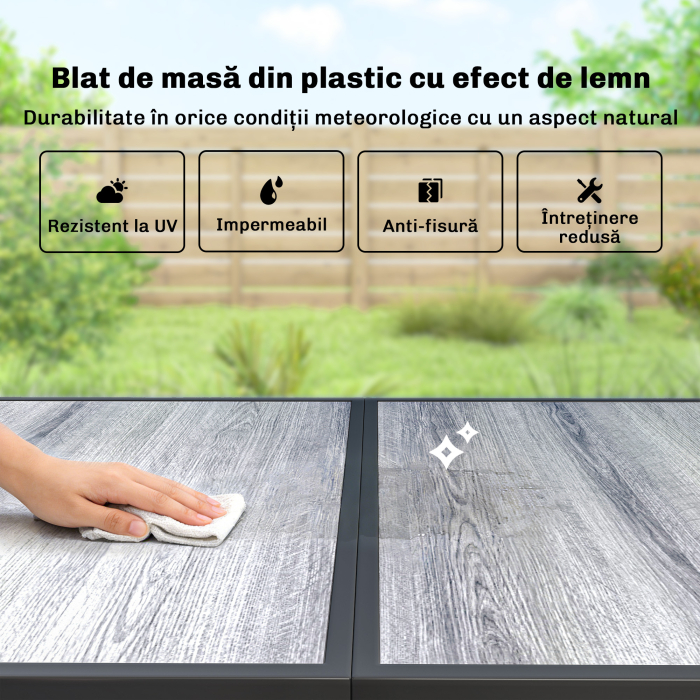  Set de Pranz pentru Exterior, 7 Piese pentru 6 Persoane, Masa cu Efect de Lemn si Scaune cu sezut Respirabil, Set Mobilier de Gradina cu Cadru din Otel Galvanizat, Negru [4]