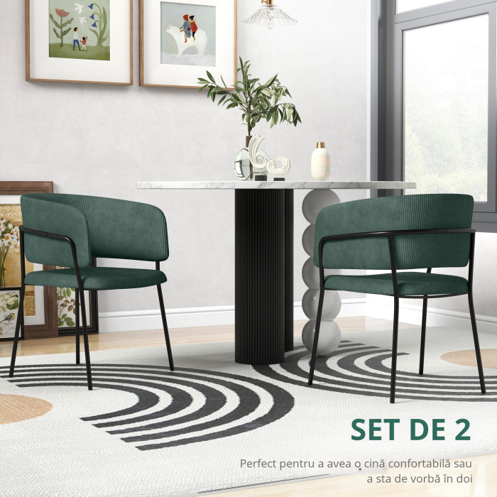  Set de Scaune, Scaune de Bucatarie Tapitate Moderne din Catifea cu Spate, Cotiera si Picioare Metalice, 57x53x73 cm, Verde [6]