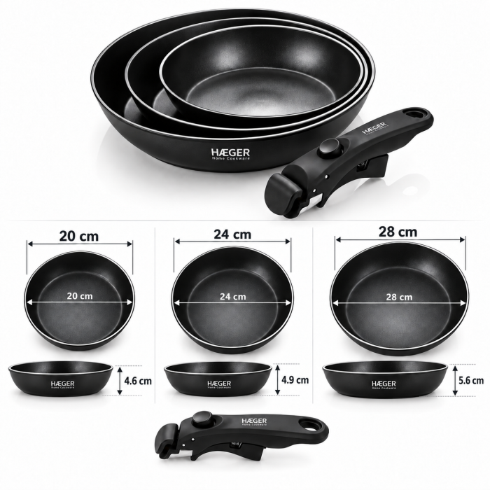 Set de tigai HAEGER EASY FIT, 20/24/28 cm, Maner detasabil, Strat antiaderent elvetian ILAG Ultimate, Compatibile cu toate tipurile de plita, Negru [4]