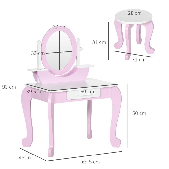  Set de Toaleta Machiaj, Masuta de Machiaj cu Oglinzi si Taburet pentru Copii, Varsta 3-6 Ani, 65,5x46x93 cm, Roz [3]