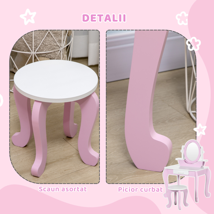 Set de Toaleta Machiaj, Masuta de Machiaj cu Oglinzi si Taburet pentru Copii, Varsta 3-6 Ani, 65,5x46x93 cm, Roz [6]