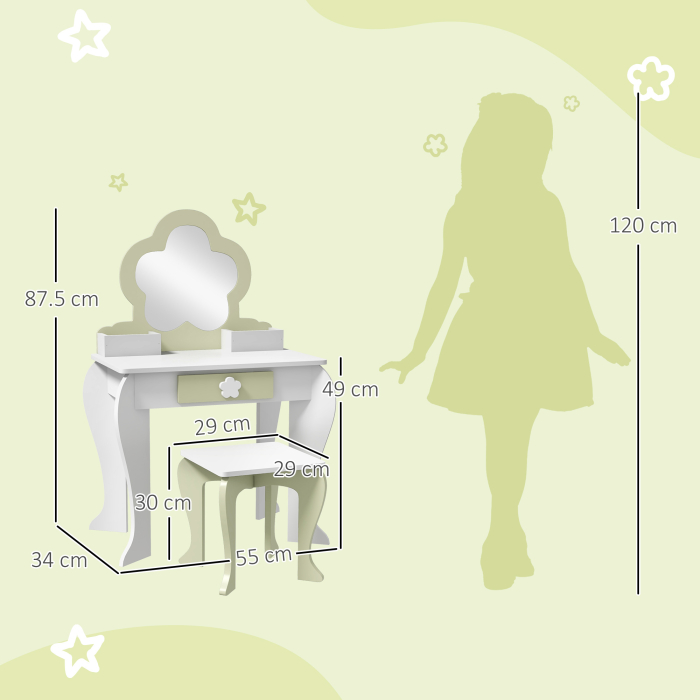  Set de toaleta pentru copii cu oglinda de machiaj si scaunel asortat din lemn, sertar si recipiente, alb [3]