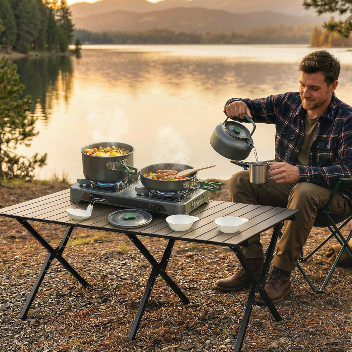  Set de Vase pentru Camping 4-5 Persoane, Kit Gatit din Aluminiu, Gri [5]