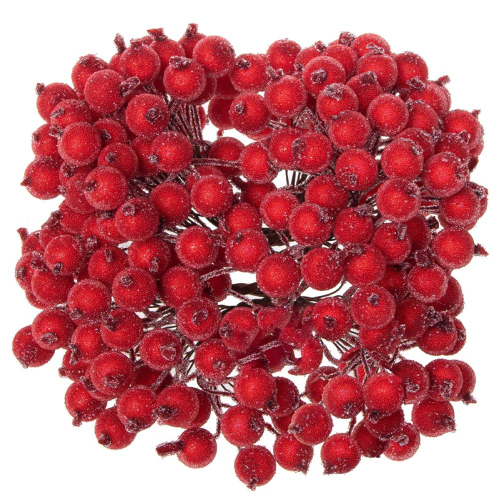 Set decorativ ramuri cu merisoare rosii artificiale inghetate, 15 cm, 200 boabe, rosu [8]
